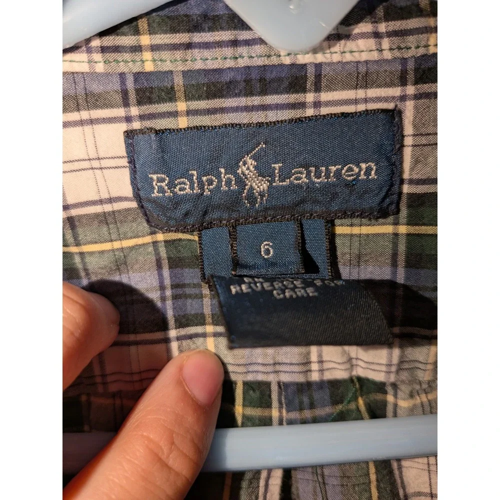 Ralph Lauren Boys Navy Green Plaid Button Down Shirt Size 6 Pony‎ Logo